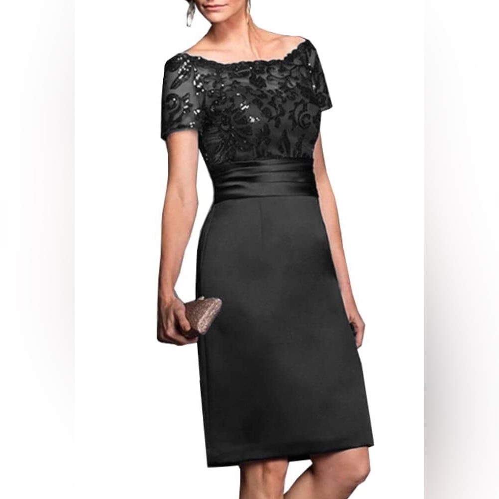 Elegant Black Lace Bodice Satin Waist Cocktail Dress